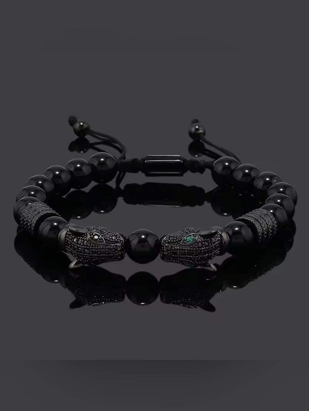 Men's Black Beaded Panther Head Bracelet